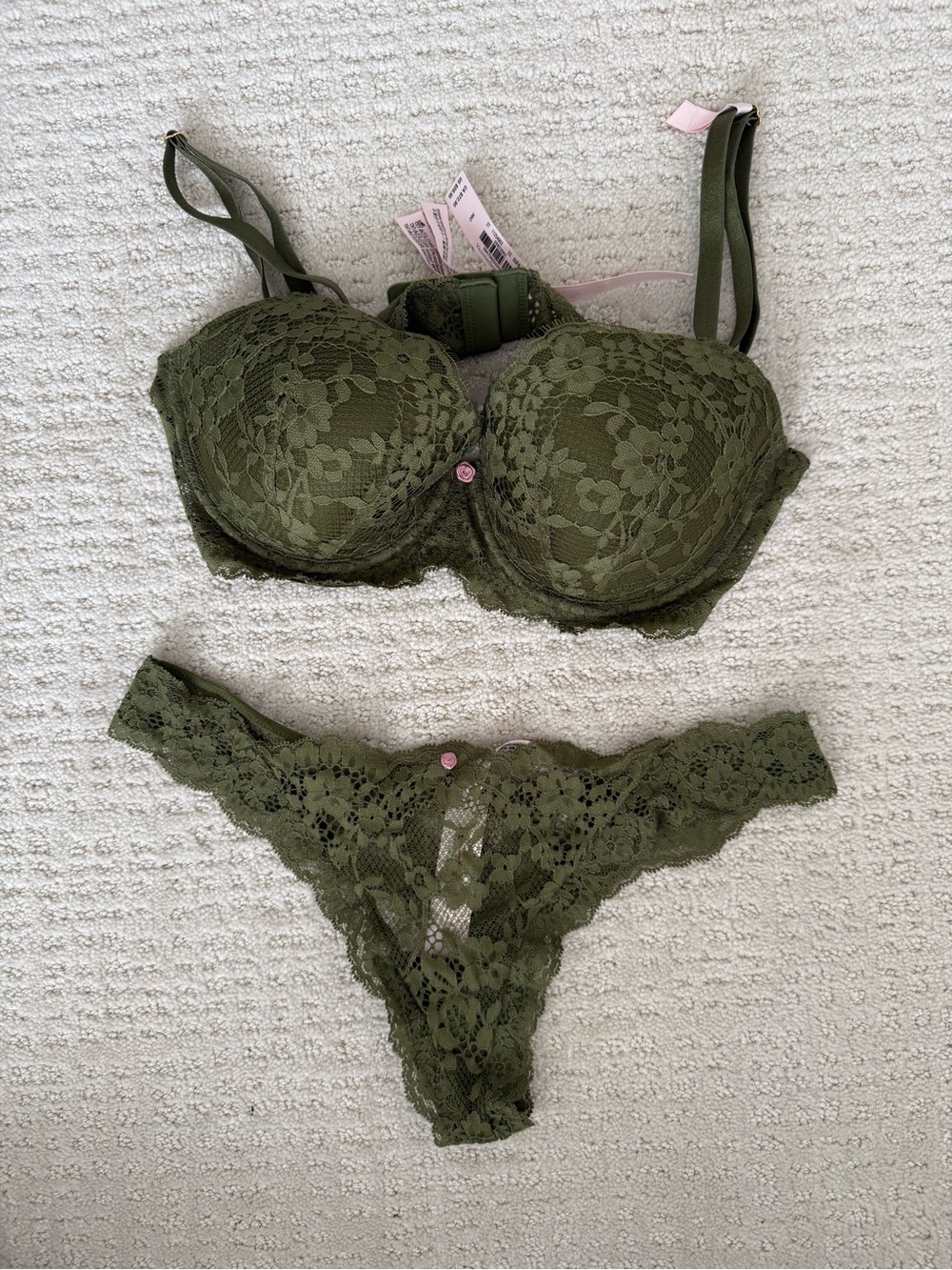 Victoria's Secret Olive Lace Push-Up Bra & Lace Thong Set